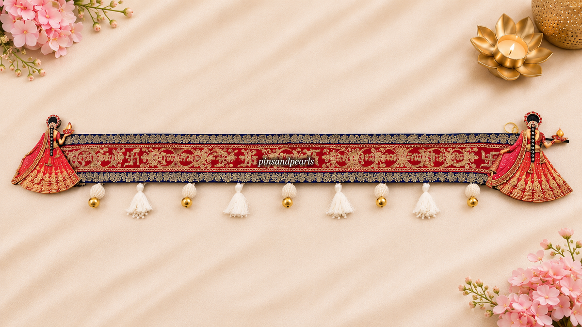 Red & Navy Blue Shubh Labh Toran Patti with Gungroo Tassels – 40 × 6 Inches