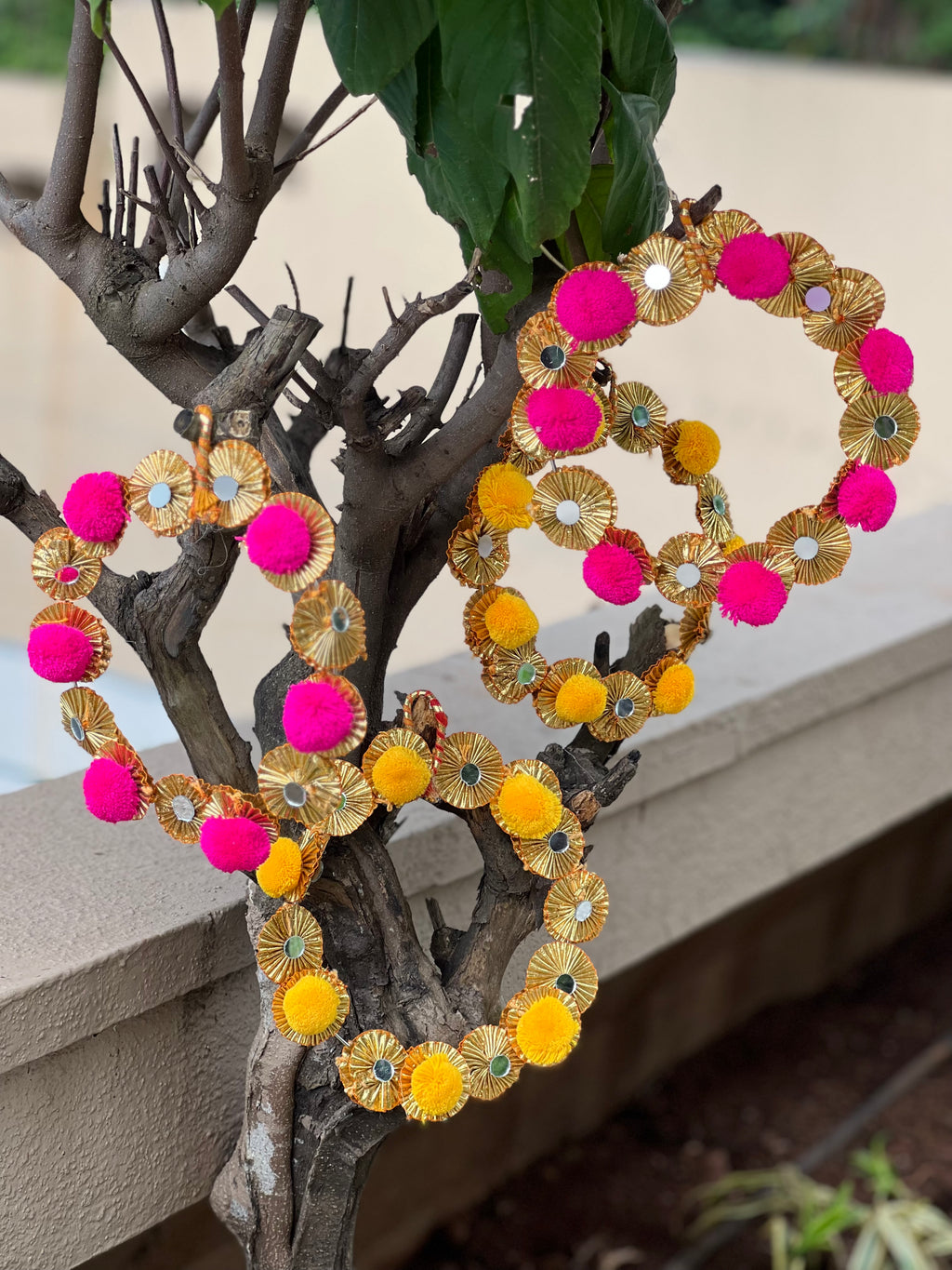 Pink & Yellow Pom-Pom Mirror Work Toran | Handmade Festive Door Hanging | Traditional Indian Home Decor 2sets