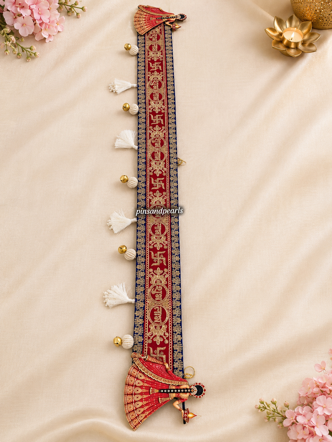 Red & Navy Blue Shubh Labh Toran Patti with Gungroo Tassels – 40 × 6 Inches