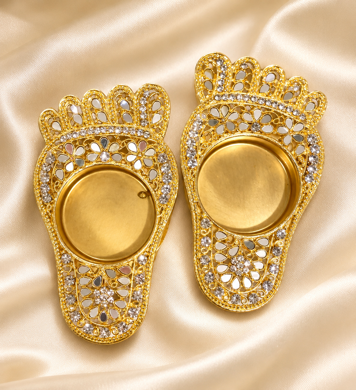 Golden Charan Diya Holder Set of 2 | Stone & Mirror Work | Traditional Pooja Décor