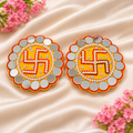Decorative Swastik Pooja Chowki Set of 2 | Mirror, Pearl & Stone Work | Festive Décor