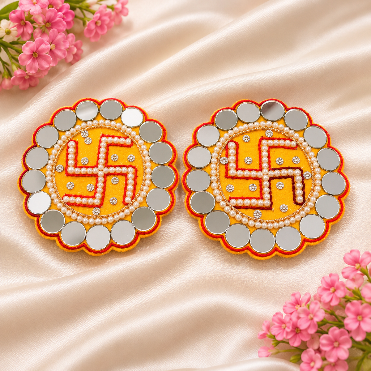 Decorative Swastik Pooja Chowki Set of 2 | Mirror, Pearl & Stone Work | Festive Décor