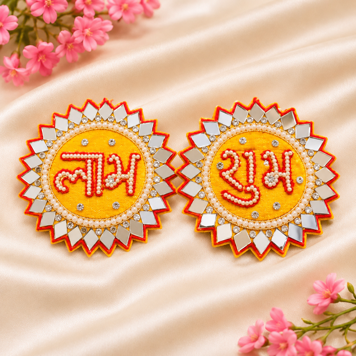 Shubh Labh Decorative Set of 2 | Mirror, Pearl & Stone Work | Diwali Pooja Décor