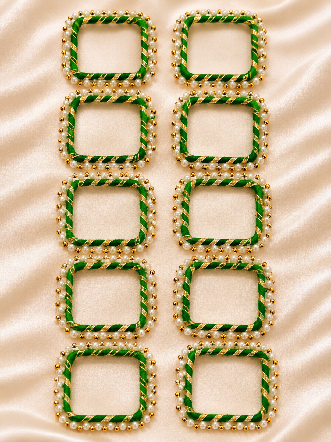 Green & Gold Pearl-Decorated Square Rings Set of 10 | DIY Toran & Tea Light Holder Making