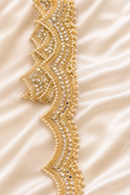 Golden Scallop Lace with Mirror & Pearl Work – 10 Yards | Festive DIY Décor