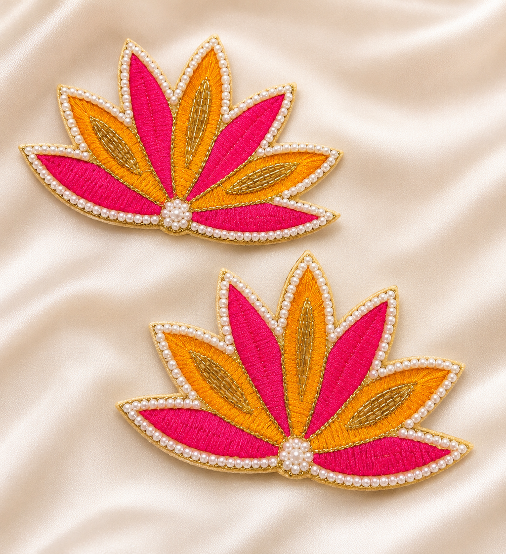 Set of 2 Pink & Orange Lotus Embroidered Appliqués with Pearl Work | DIY Diwali Décor