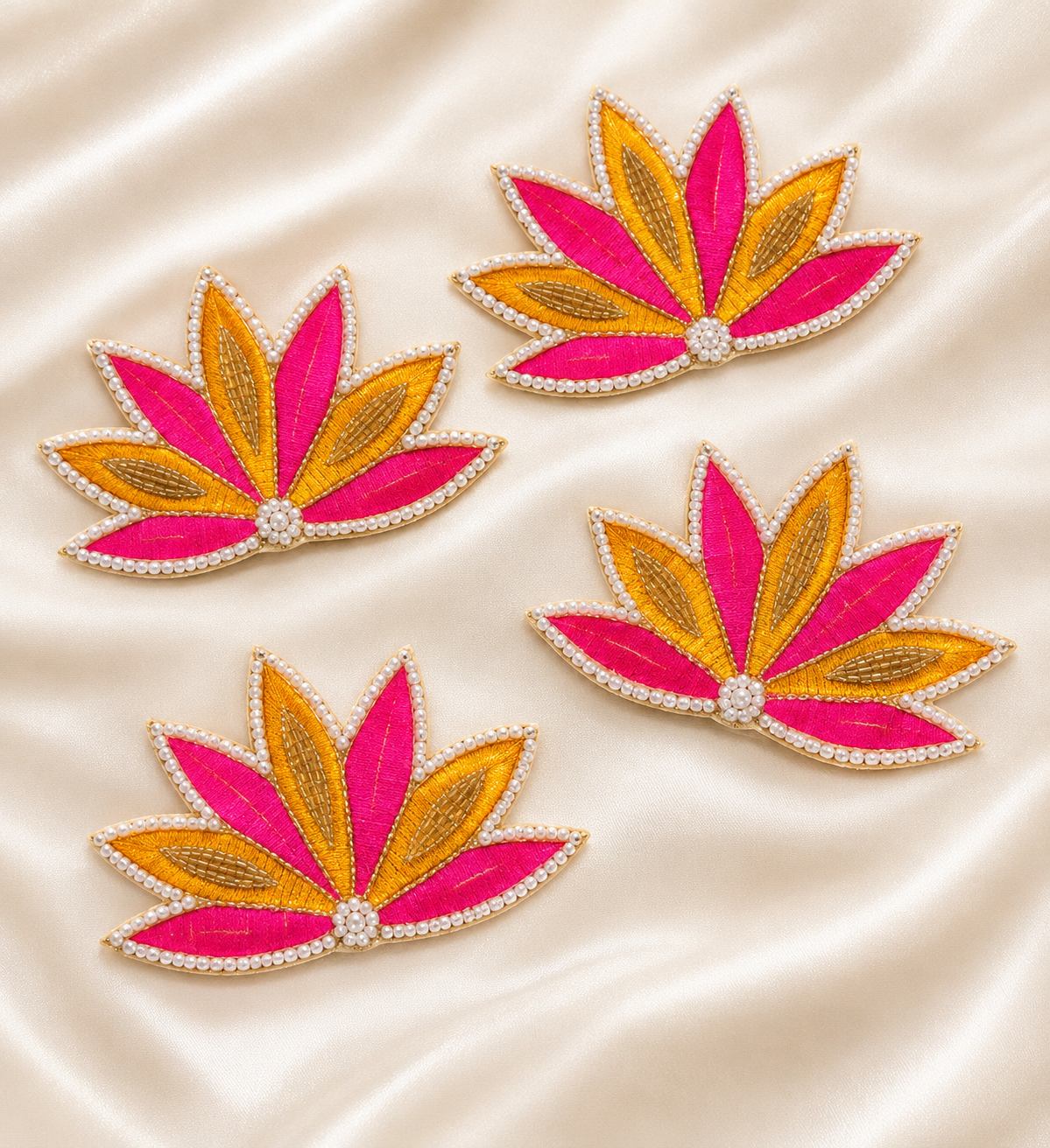 Set of 4 Pink & Orange Lotus Embroidered Appliqués with Pearl & Gold Bead Work | DIY Festive Décor