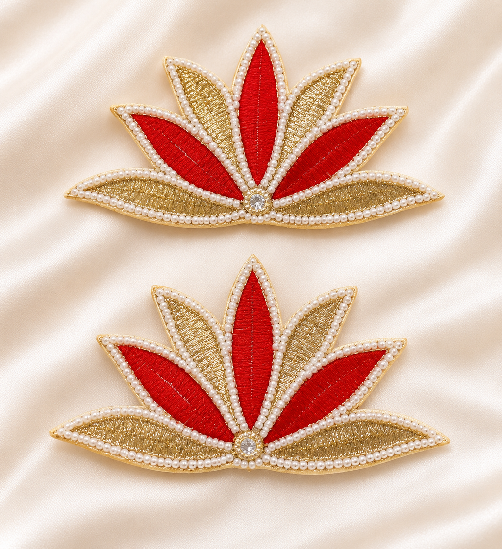 Set of 2 Red & Gold Lotus Embroidered Appliqués with Pearl Work | DIY Festive Décor