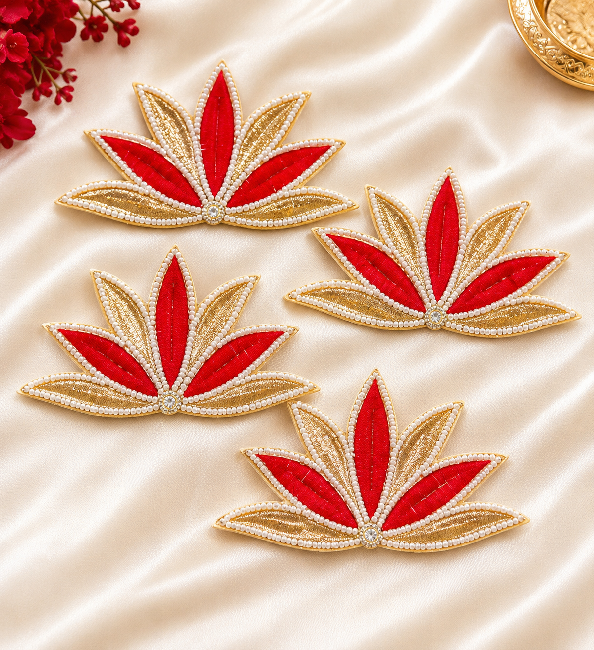 Set of 4 Red & Gold Lotus Embroidered Appliqués with Pearl Work | DIY Diwali Décor