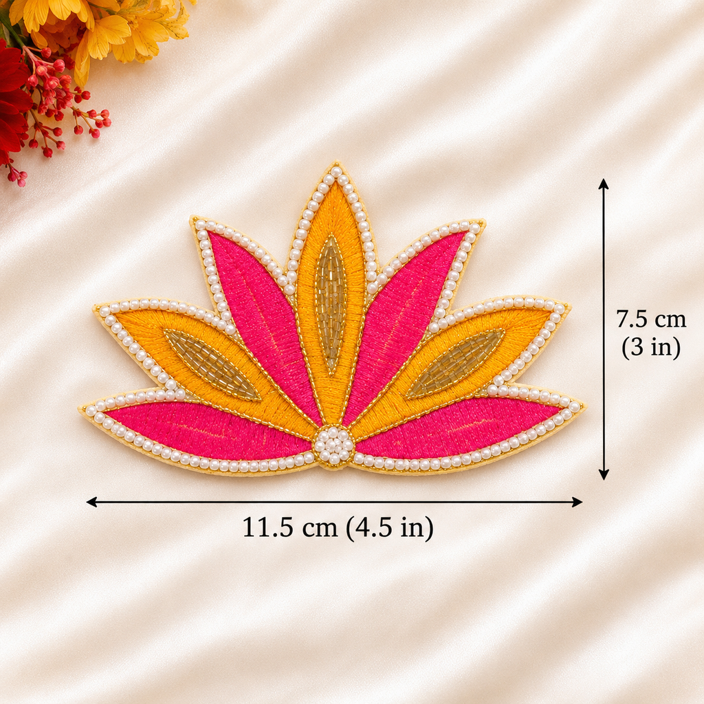 Set of 2 Pink & Orange Lotus Embroidered Appliqués with Pearl Work | DIY Diwali Décor
