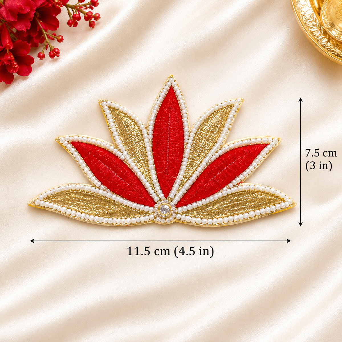 Set of 2 Red & Gold Lotus Embroidered Appliqués with Pearl Work | DIY Festive Décor