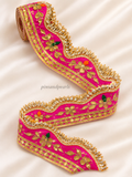 Fuchsia Pink Gold Embroidered Scalloped Lace with Decorative Fringe
