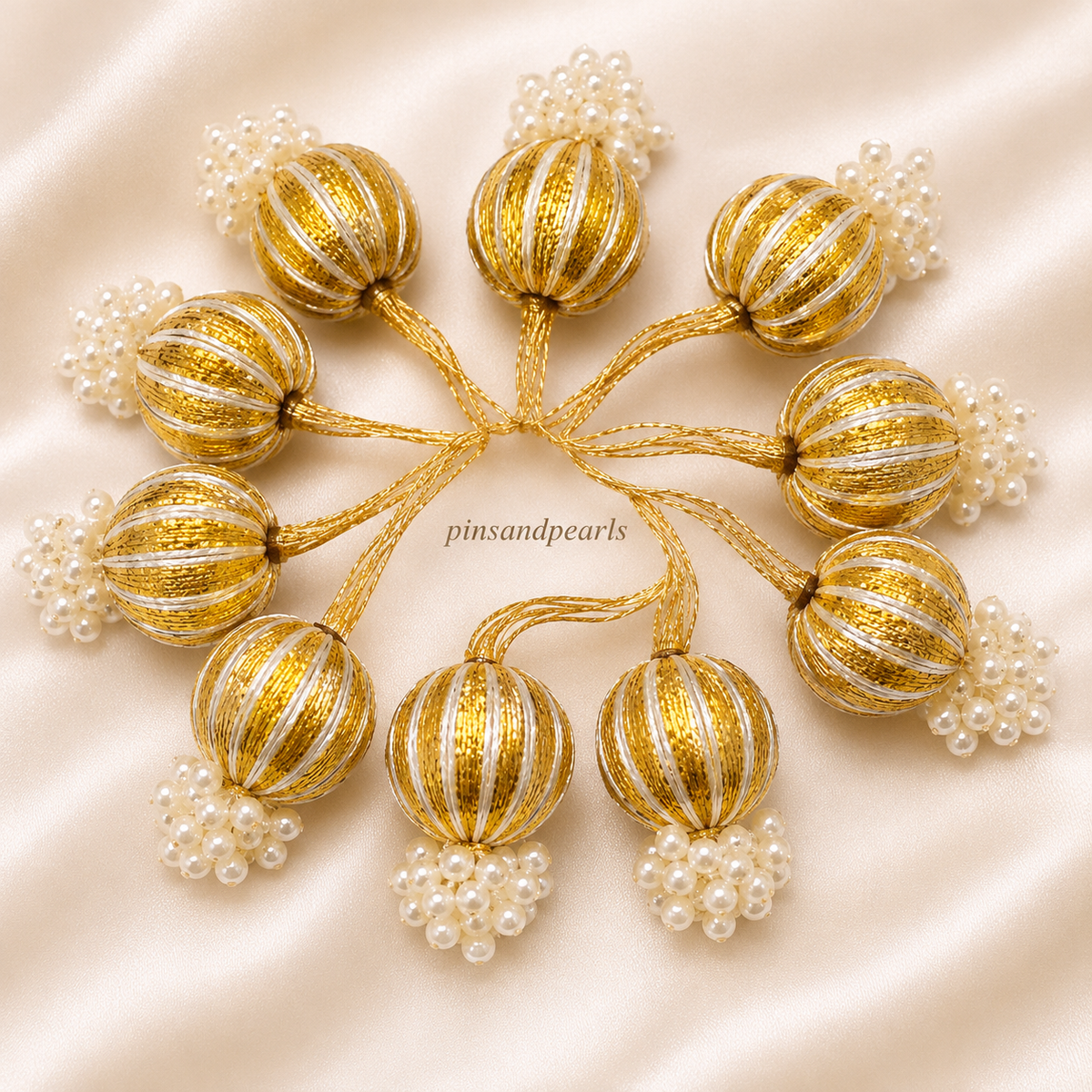 Gold & White Pearl Decorative Tassels – Set of 10