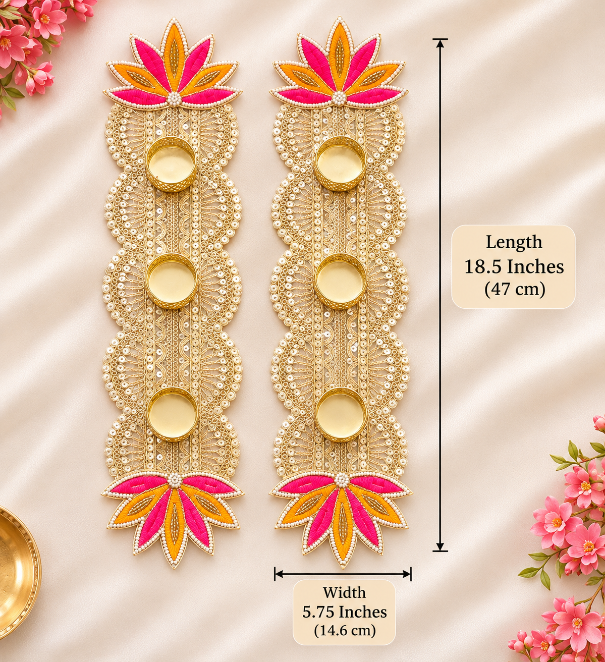 Pink & Gold Lotus Embroidered Diya Holder Set of 2 | Decorative Festive Diya Stand